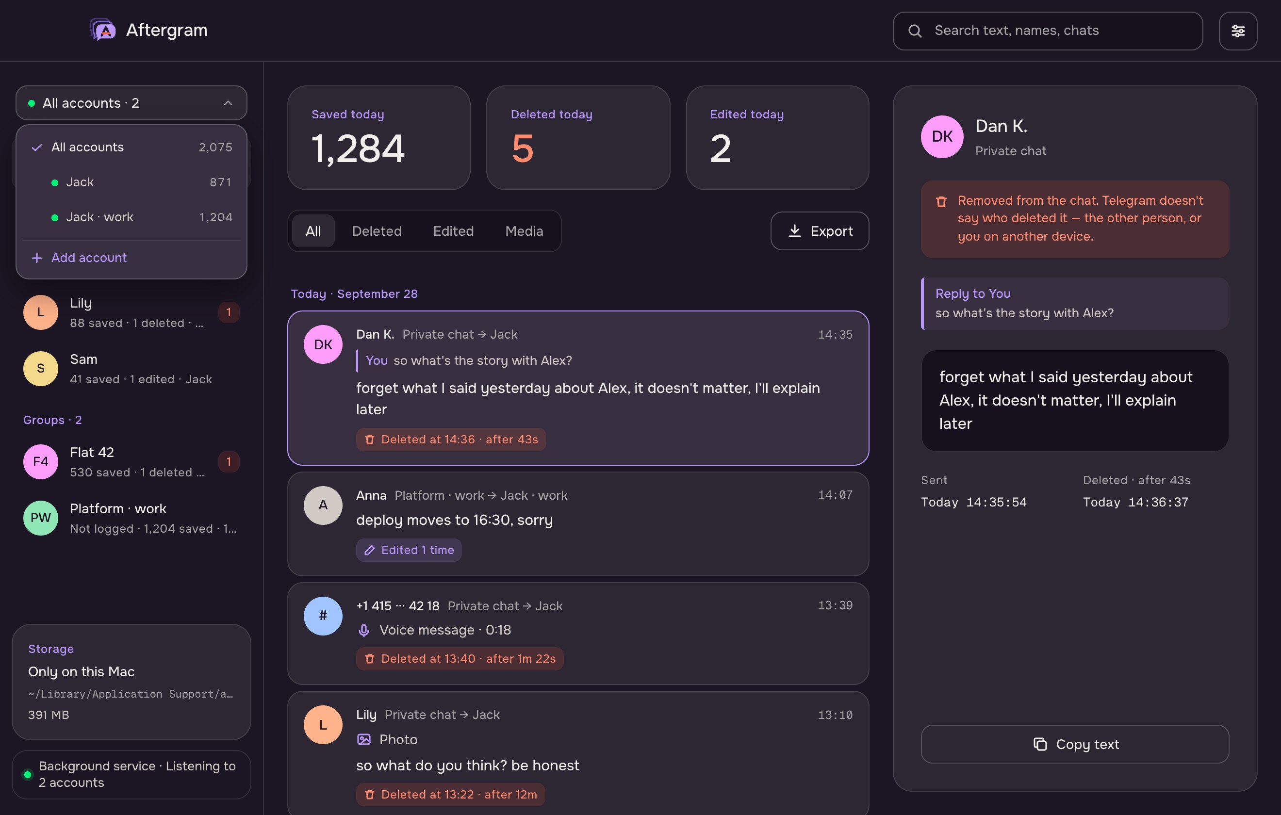 The account switcher open: All accounts 2,075, Jack 871, Jack · work 1,204, and Add account.