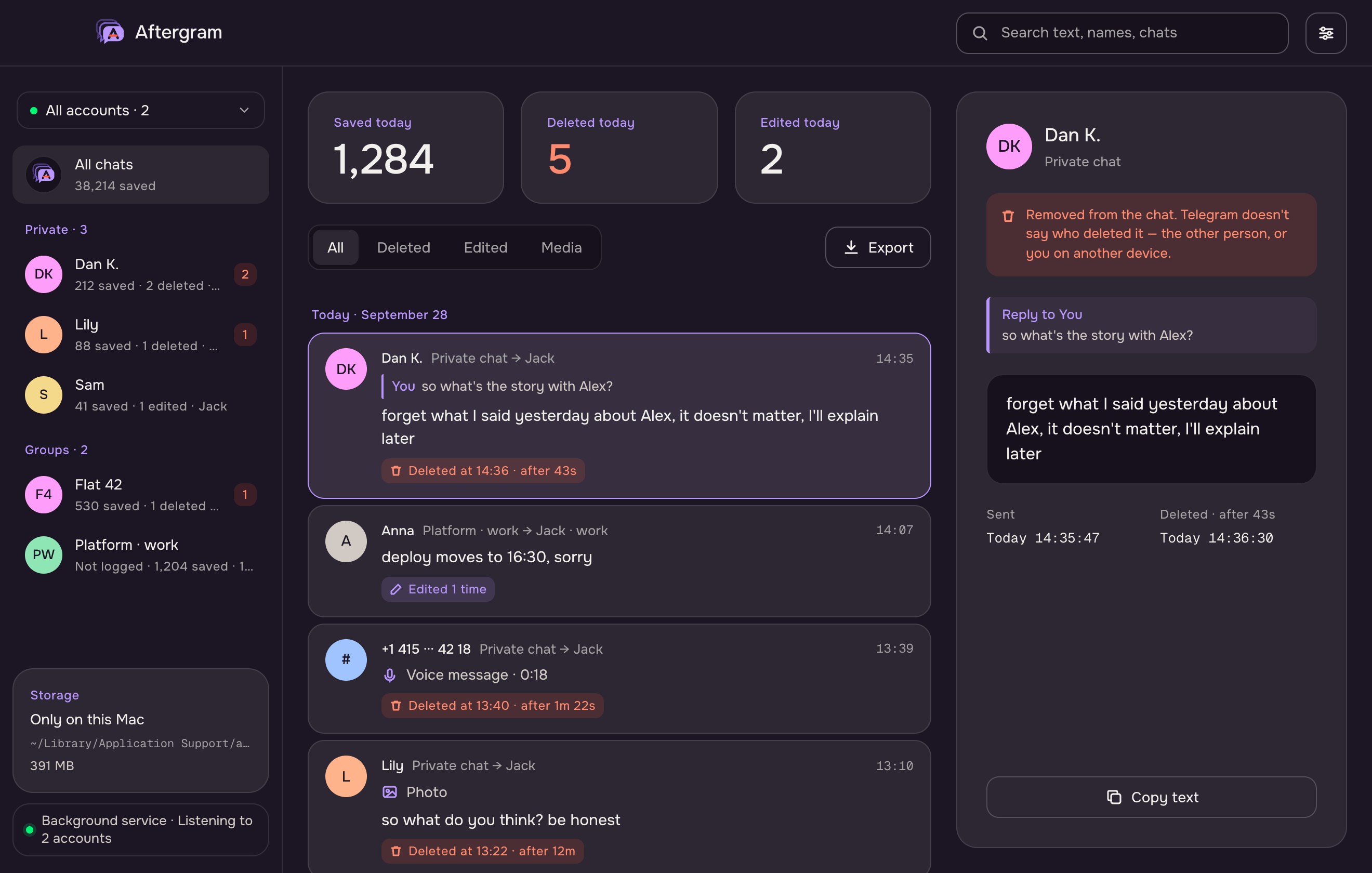 Aftergram's main window: an account switcher and chats on the left, a feed with a deleted reply quoting 'so what's the story with Alex?', edited and deleted tags, and the selected message on the right.