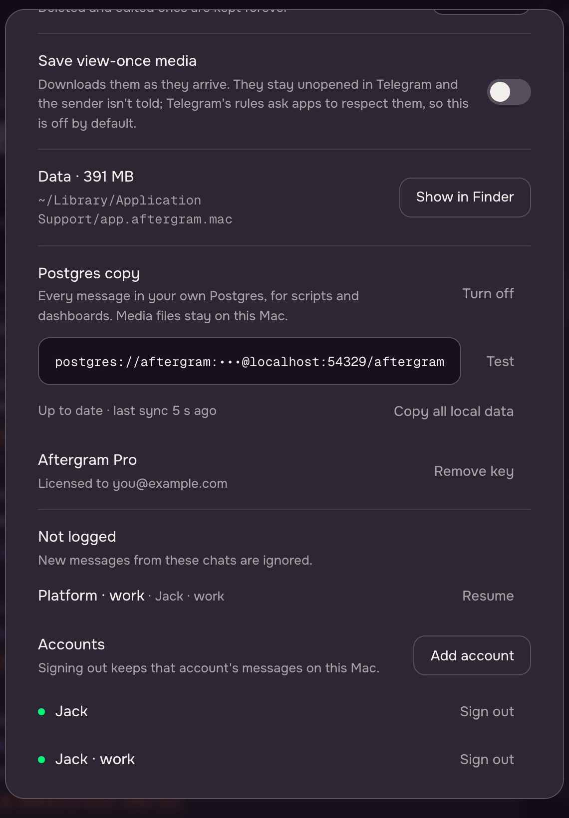 Settings: Save view-once media switch, data size, and the Postgres copy with its URL, Test button and 'Up to date · last sync 5 s ago'.